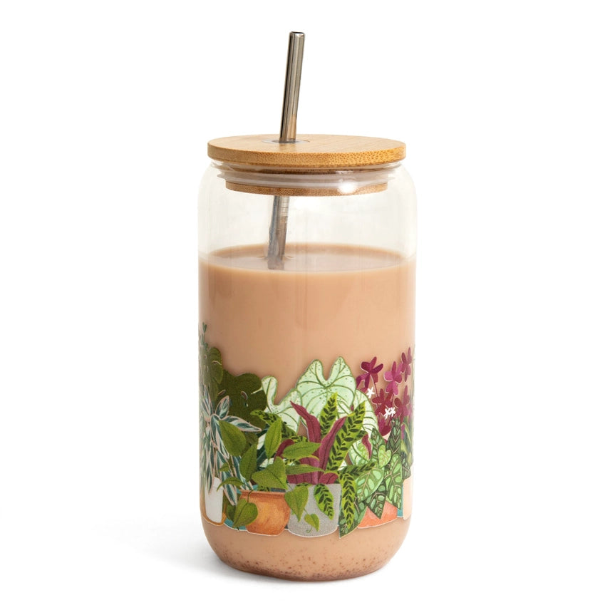 Houseplants Glass with Lid & Straw