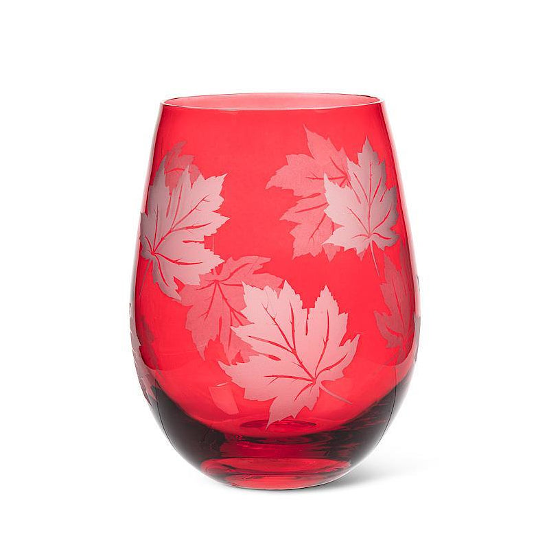 Etched Maple Leaf Stemless Wine Glass