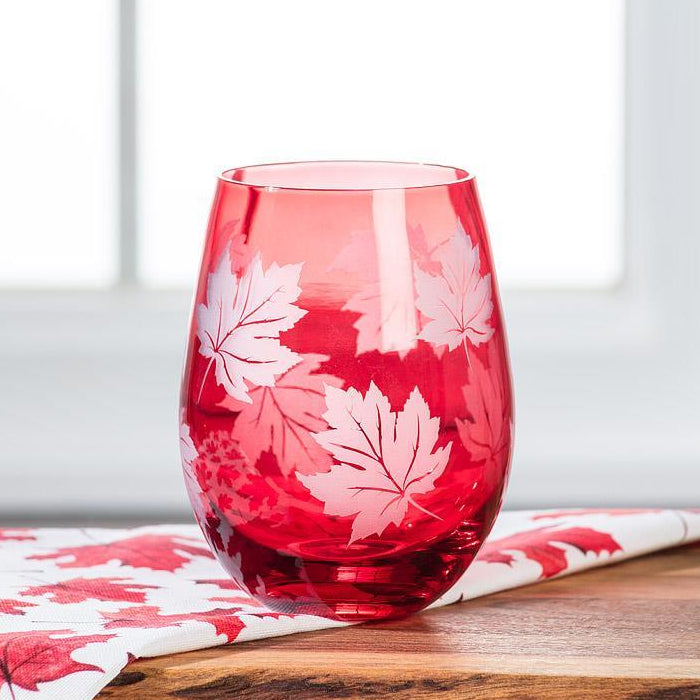 Etched Maple Leaf Stemless Wine Glass