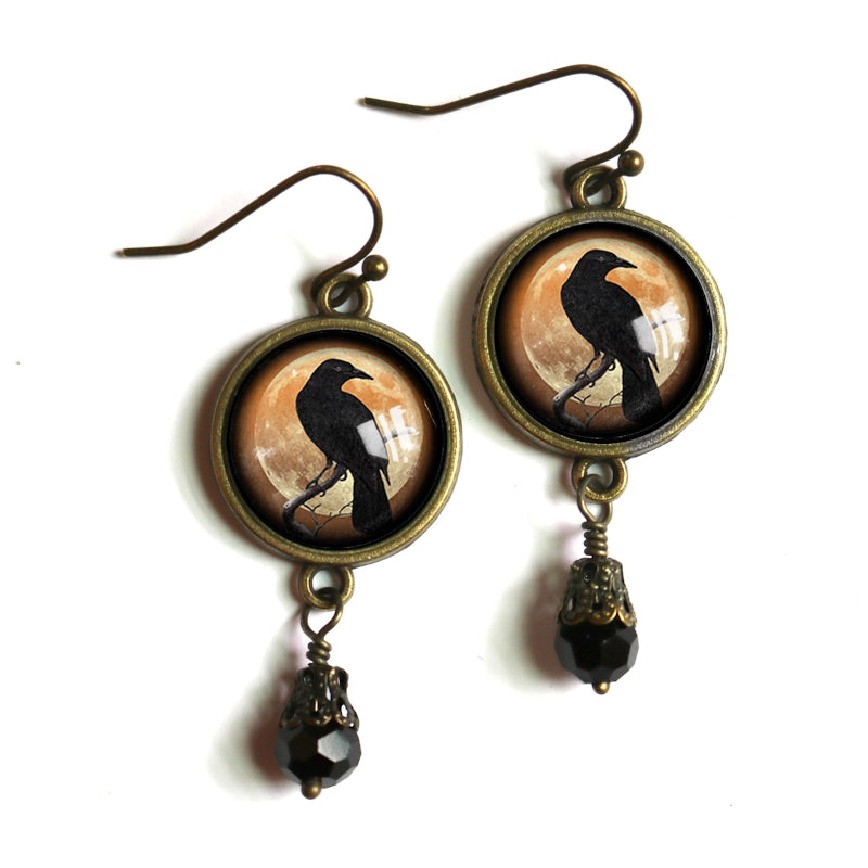 Glass Cabochon Raven Earrings