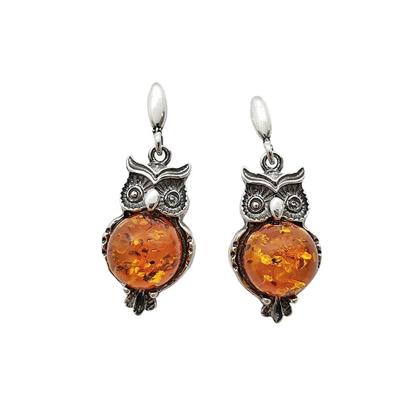 Cognac Amber Owl Dangle Earrings