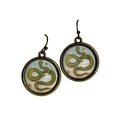 Coiled Snake Glass Cabochon and Bronze Earrings