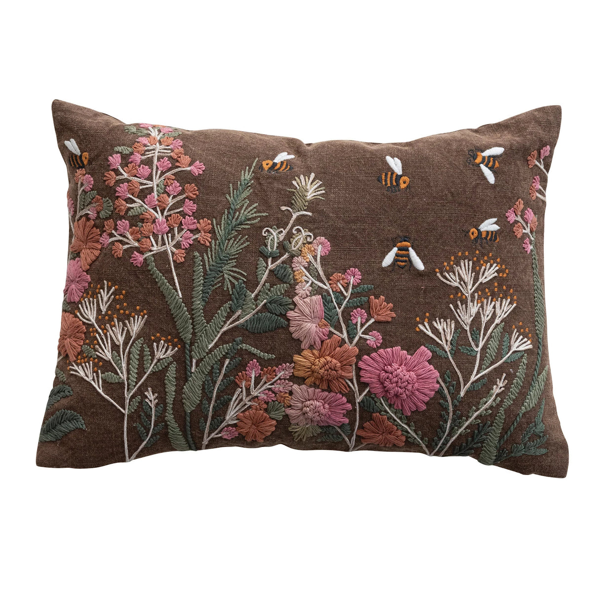 Flowers & Bees Embroidered Pillow