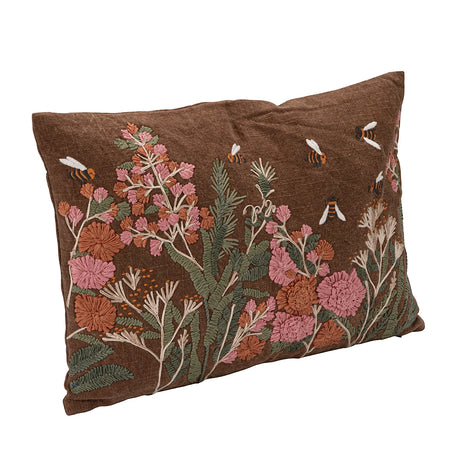 Flowers & Bees Embroidered Pillow