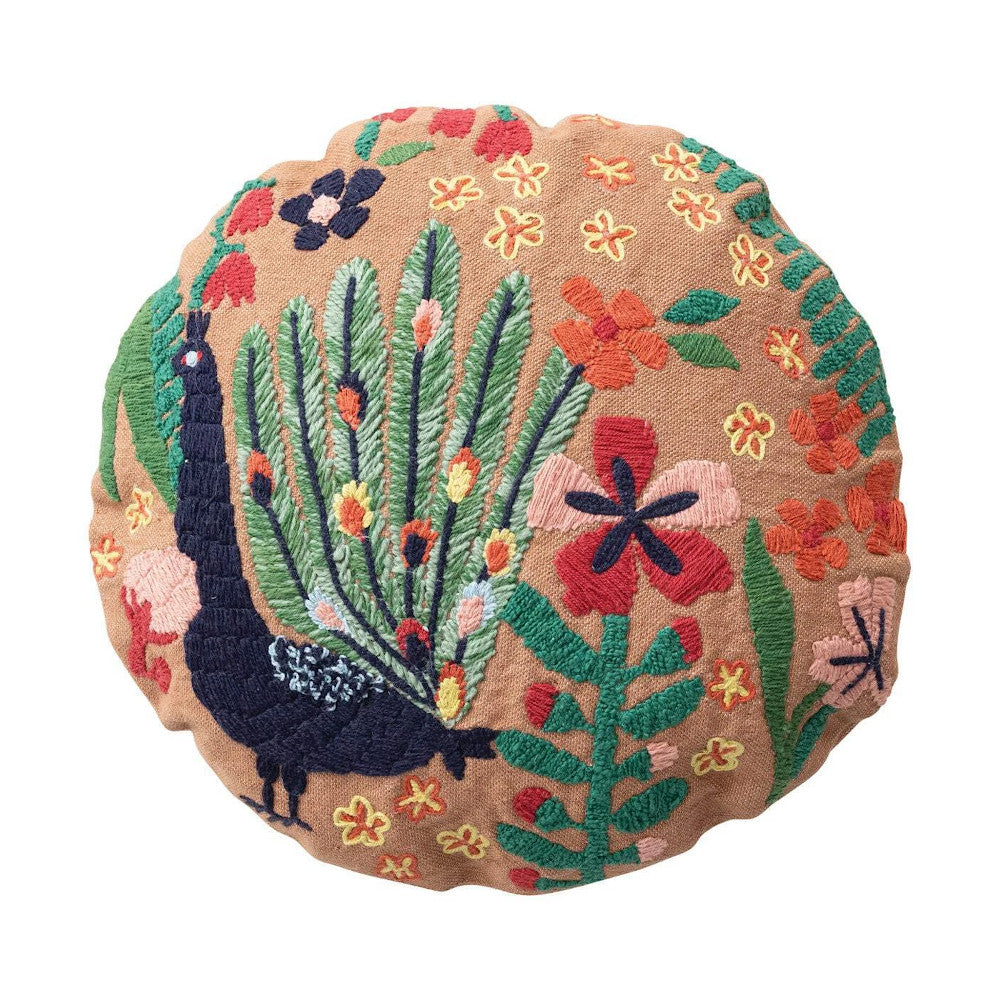 Embroidered Floral Peacock Pillow