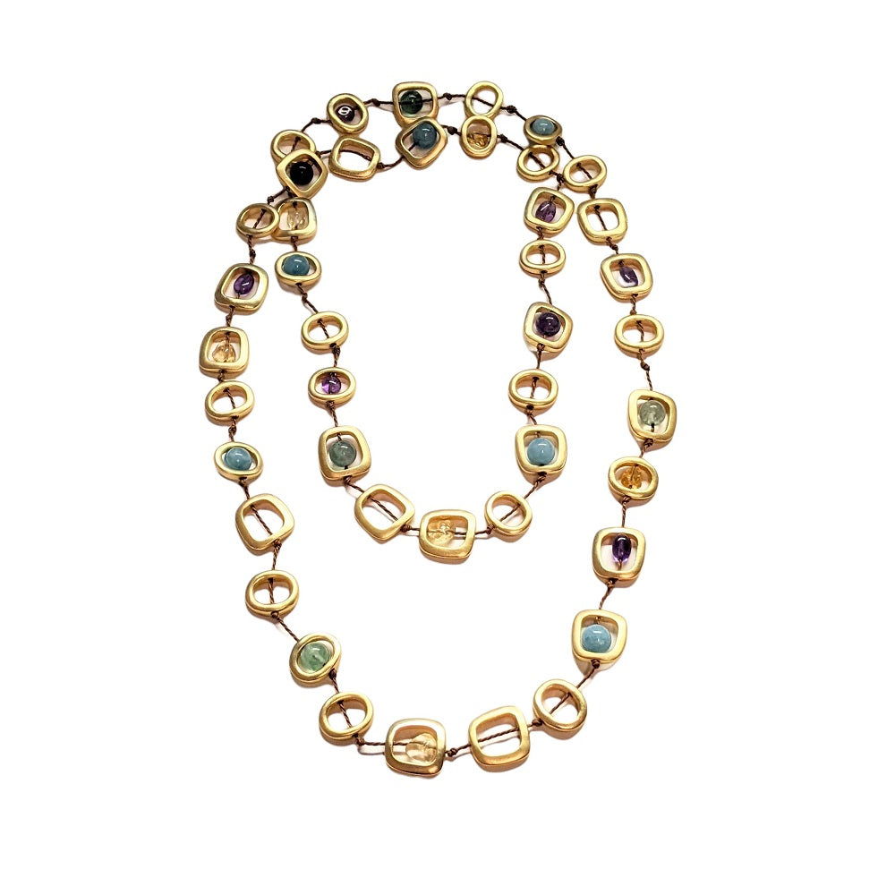 Long Gold Geometric Necklace with Mixed Natural Stones