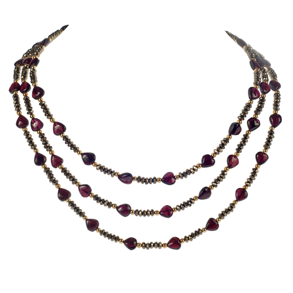 Three Strand Garnet Heart Necklace